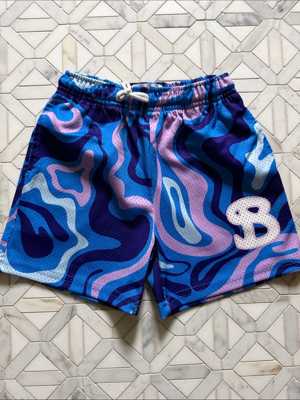 Bucket squad kids Blue & Purple Swirl Athletic Shorts medium EUC